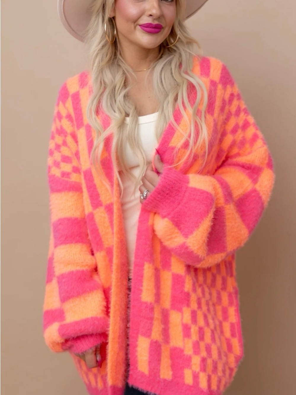 #1507 DAVI & DANI Pink and Orange Checkered Super Soft Cardigan With Pocket